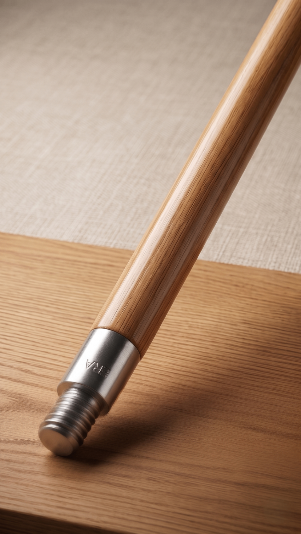 Kiln-dried hardwood broom handle with brushed steel ferrule stamped ERA
