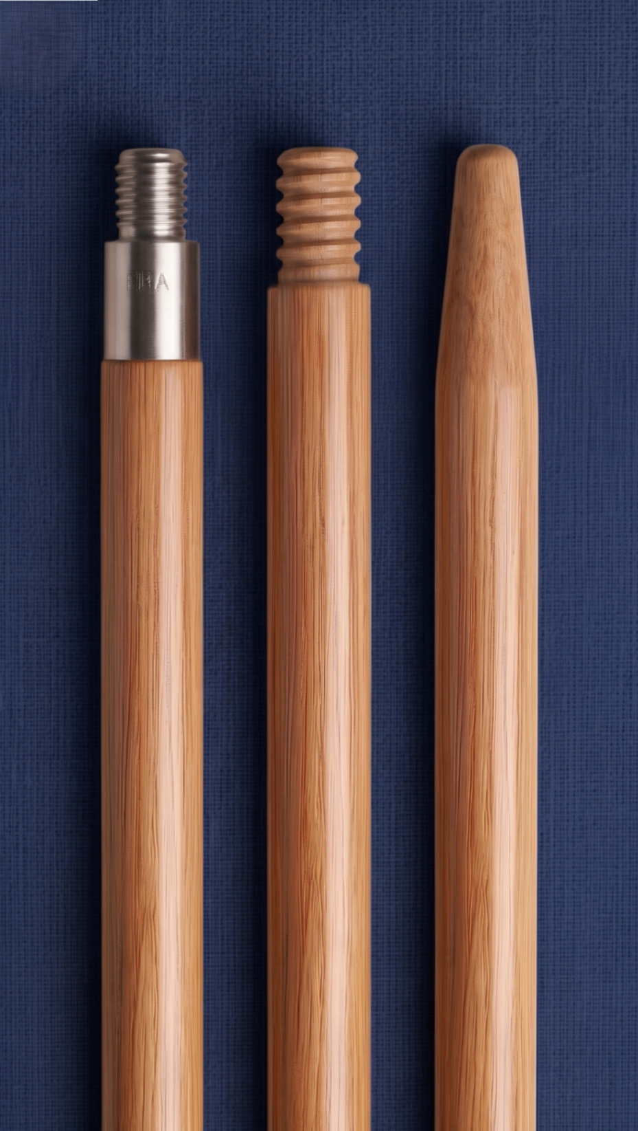 Three hardwood handle end types side by side: metal ferrule, wooden ACME thread, tapered friction fit